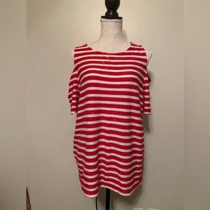 Chico's Sequin Striped Red and White  cold shoulder top
